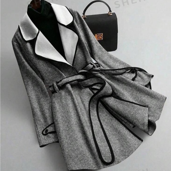 Shein, grey with contrast trim jacket, belted- trench style - Picture 1 of 7